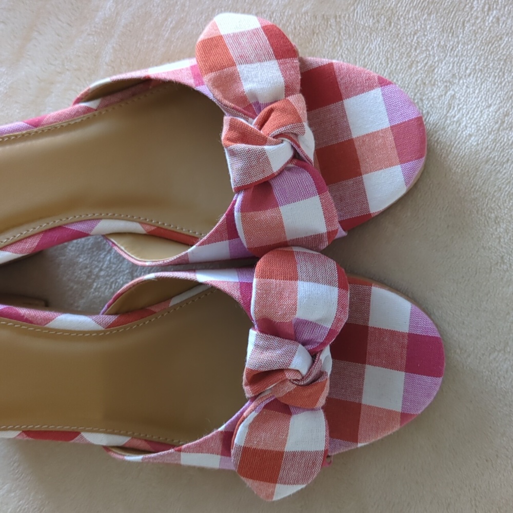 J. Crew Printed Plaid Clog Bow Heels Sandals Slide Sz 8 New Box Red White Purple - Picture 11 of 13